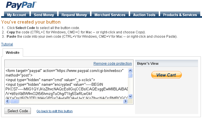 Paypal view cart codes